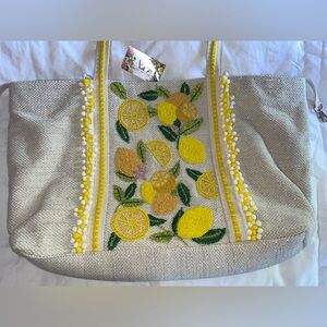 America & Beyond lemon hand beaded tote